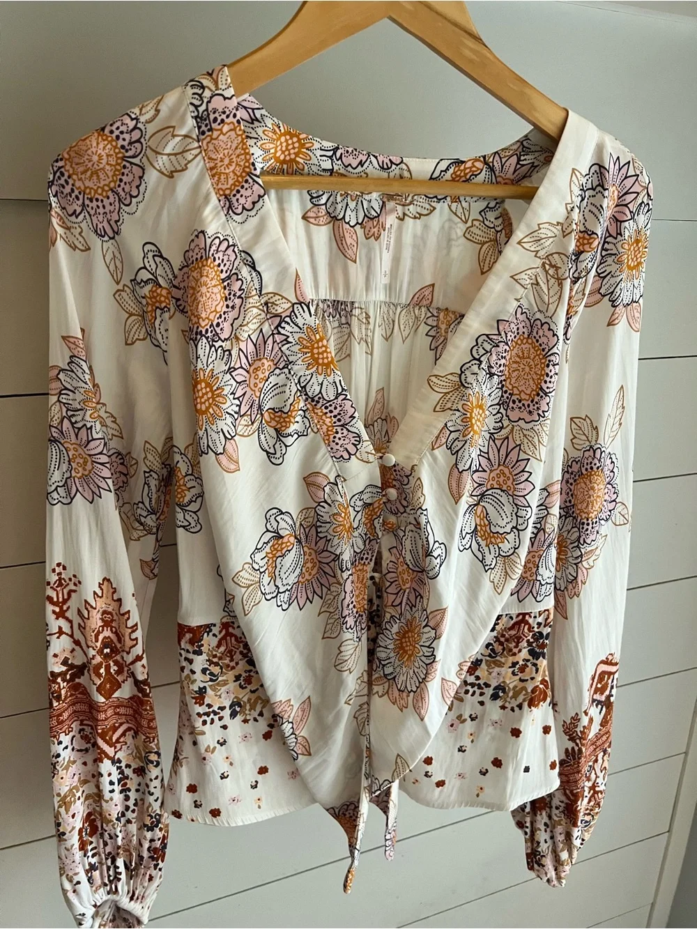 Free People Boho “Run Free” Floral Blouse - White with Orange & Lavender Size S